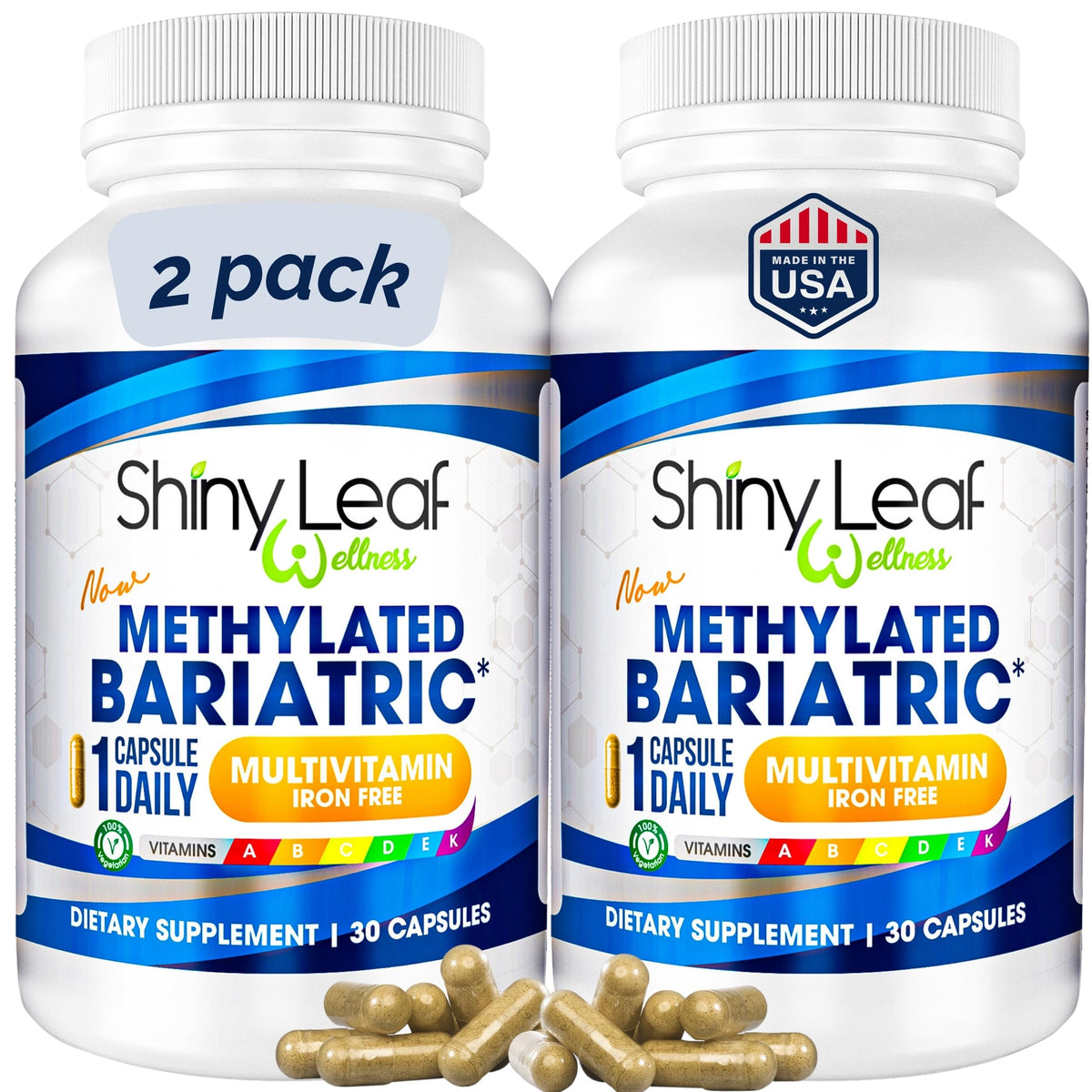 Shiny Leaf bariatric multivitamin bottle pour for easy daily post-surgery nutrition.