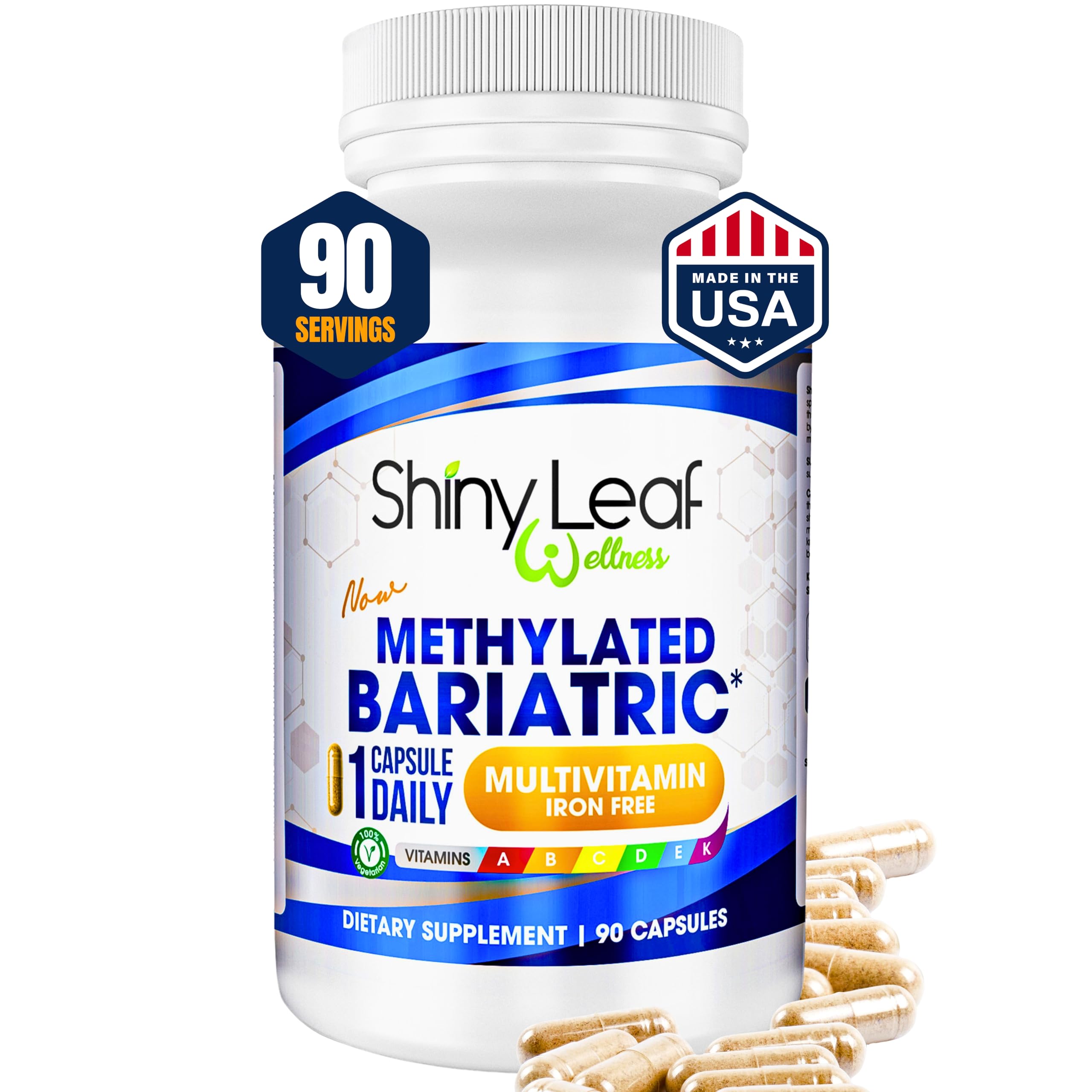 Shiny Leaf bariatric multivitamin bottle offering daily nutrition support for post-surgery needs