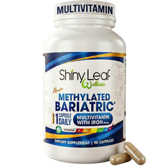 Shiny Leaf bariatric multivitamin bottle supports post-op nutrition and energy.