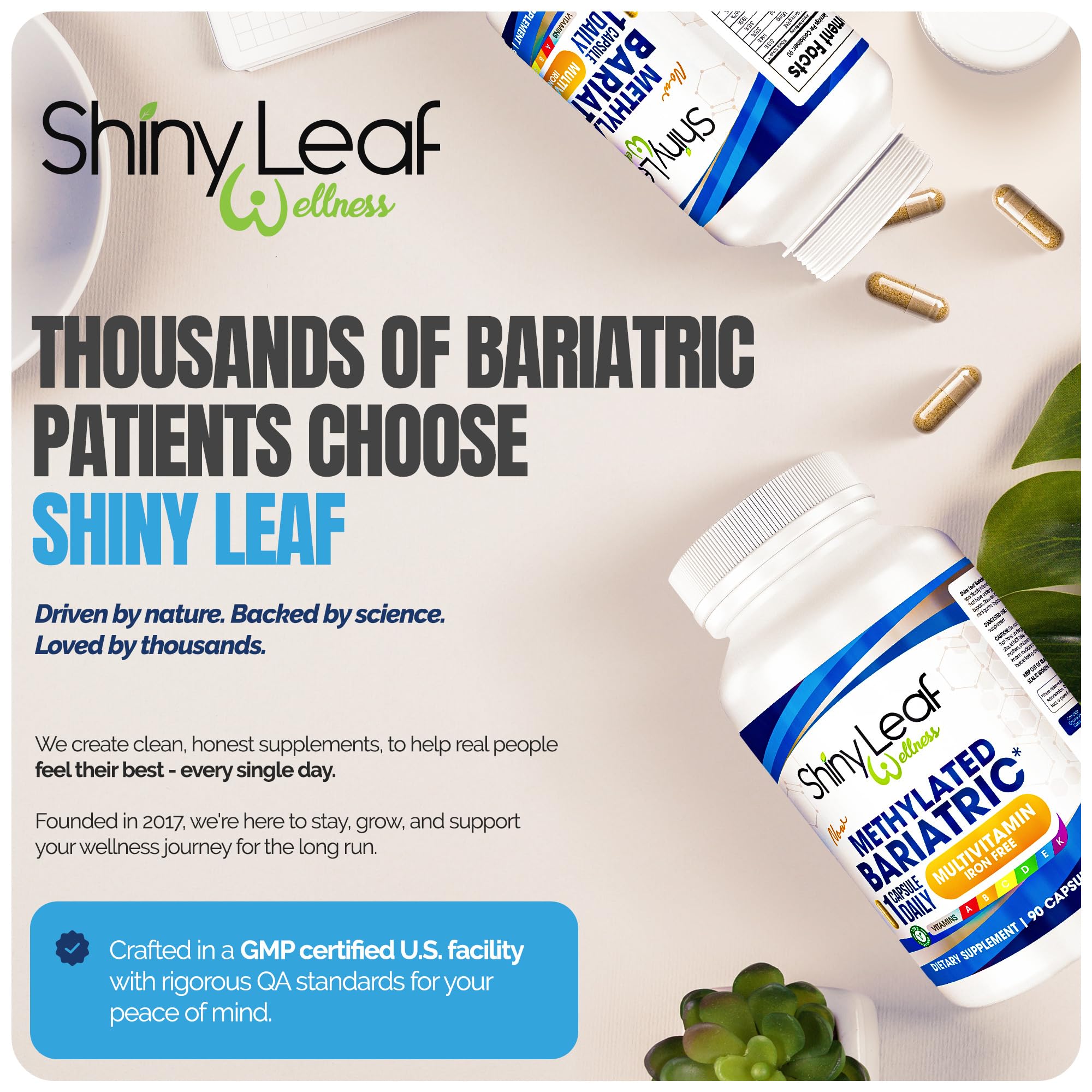 Shiny Leaf daily-dose bottle ready for long-term bariatric support
