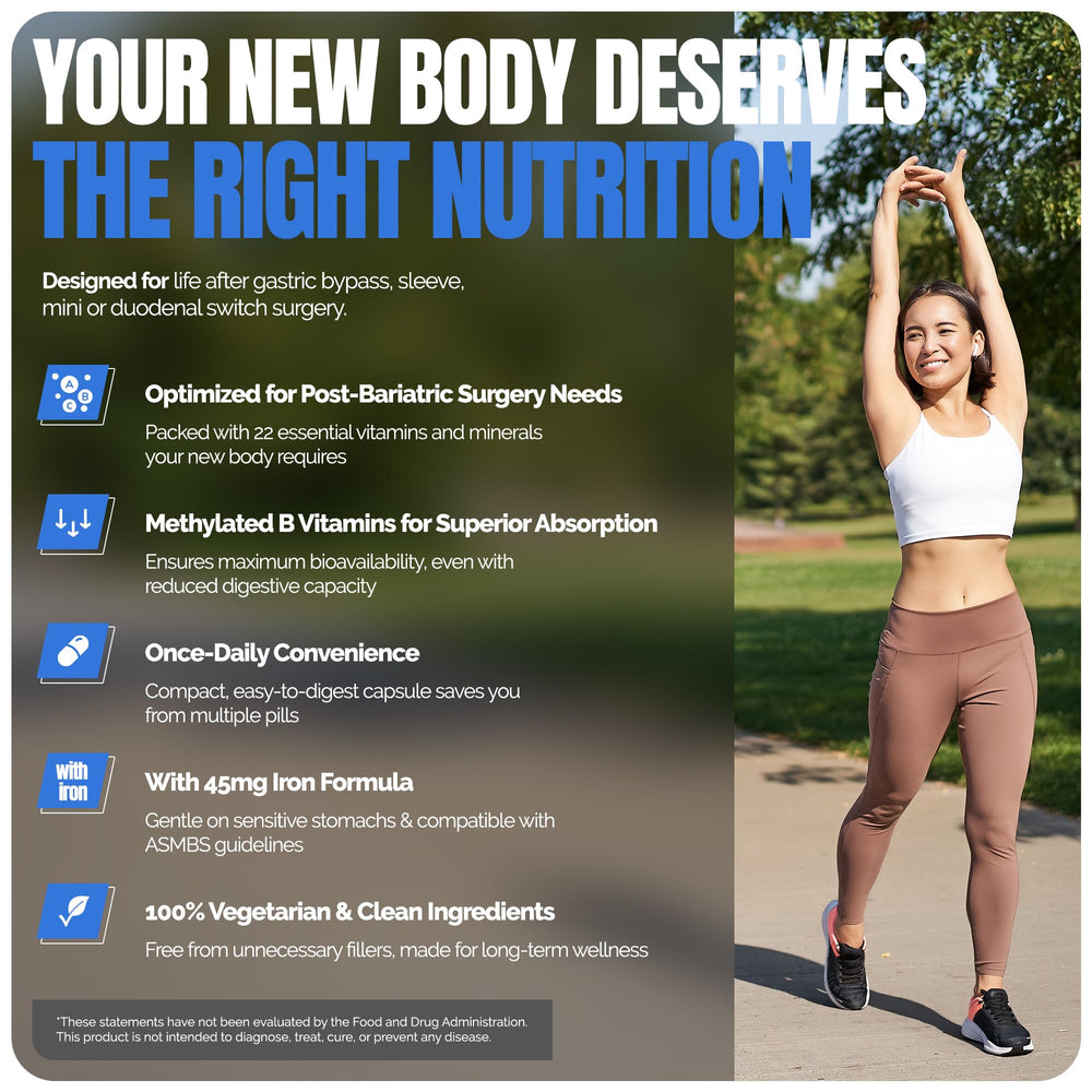 Shiny Leaf bariatric multivitamin nutrition label—22 nutrients for post-op support