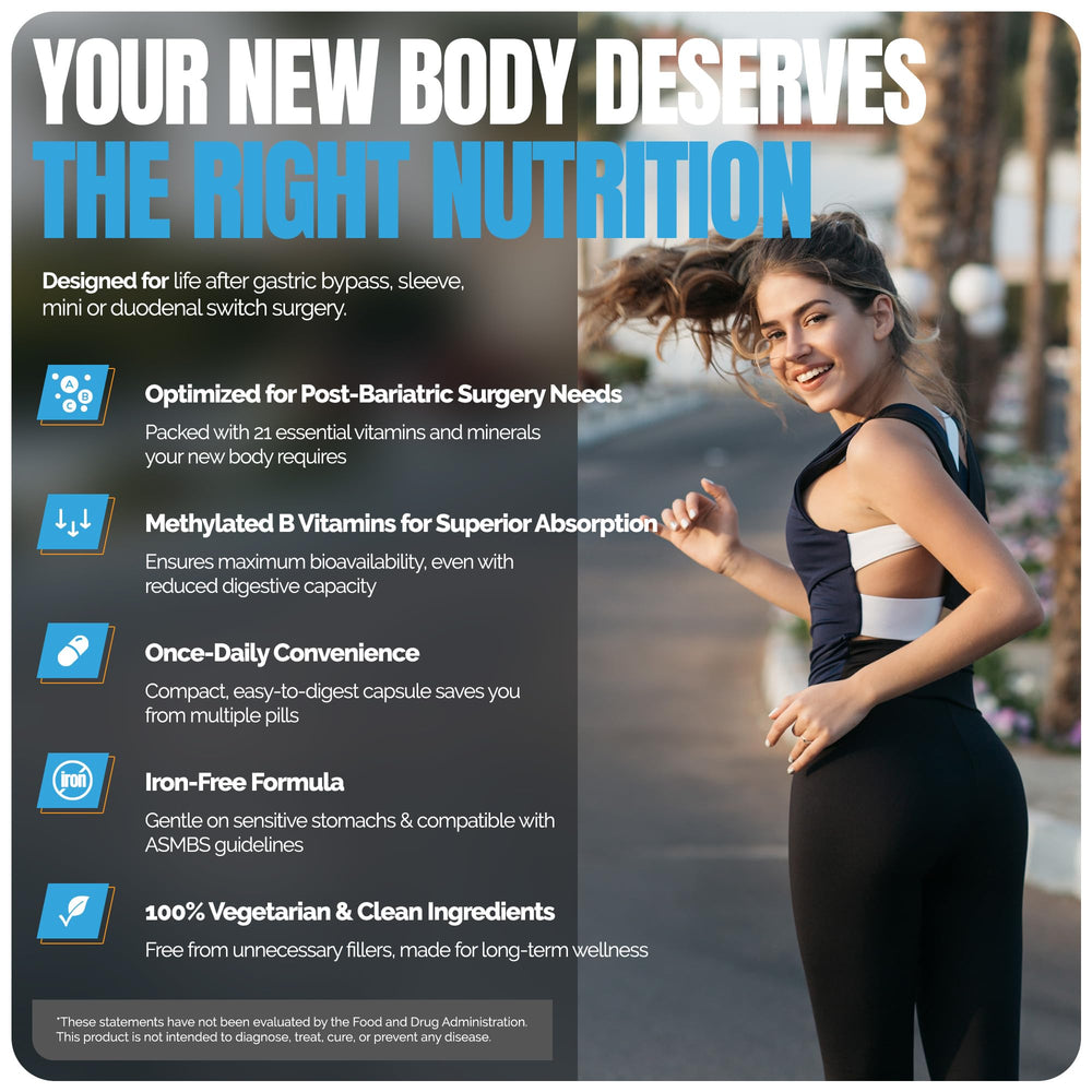 Shiny Leaf bariatric multivitamin label highlights vegetarian and USA-made quality