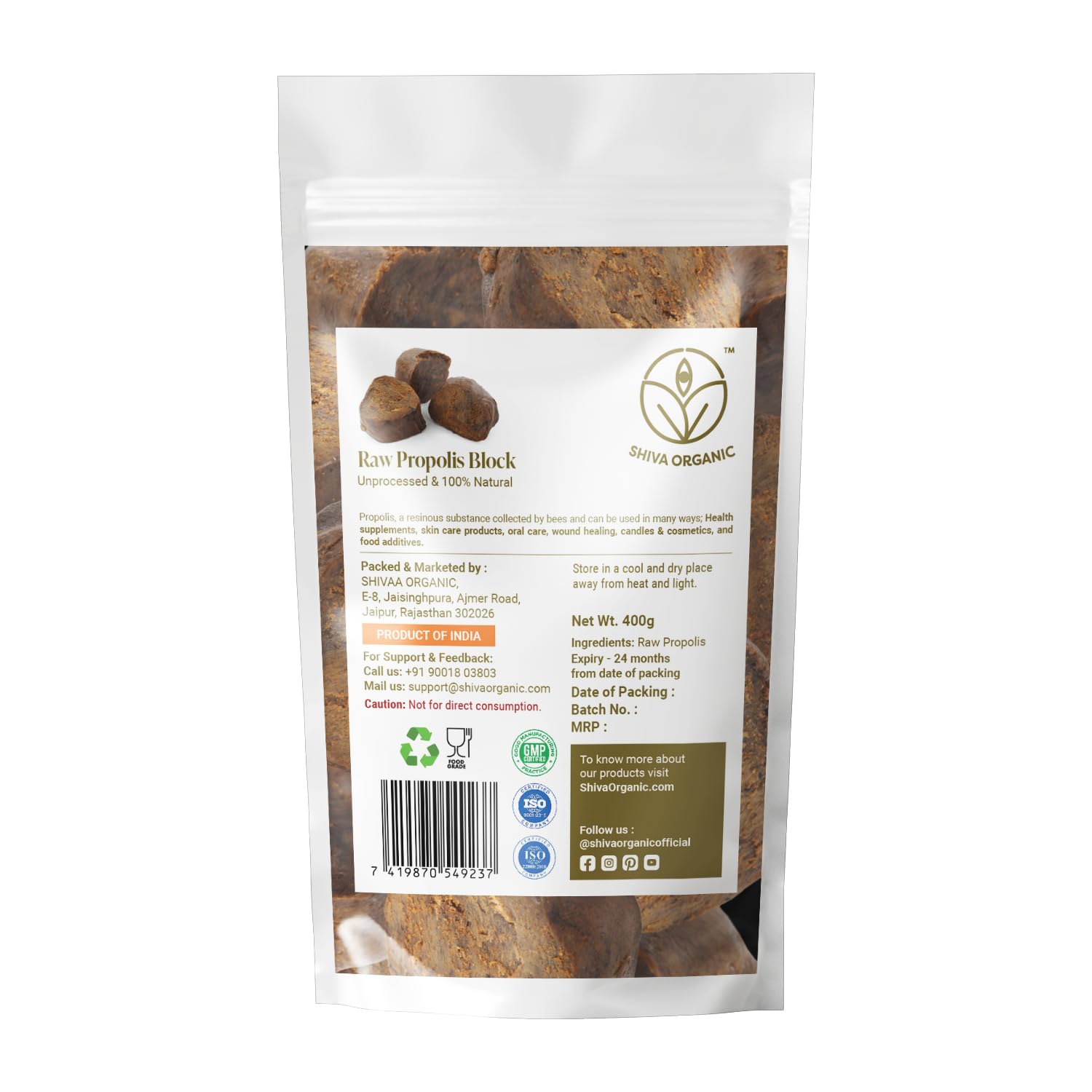 Shiva Organic raw propolis block 1000g, ideal for DIY skincare preparations.