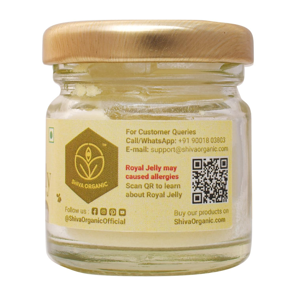 Shiva Organic Royal Jelly Powder packaging with minerals and vitamins icons.