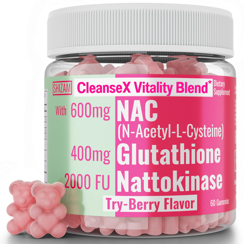SHIZAM NAC gummies bottle highlighting Tri-Berry flavor for daily wellness support.
