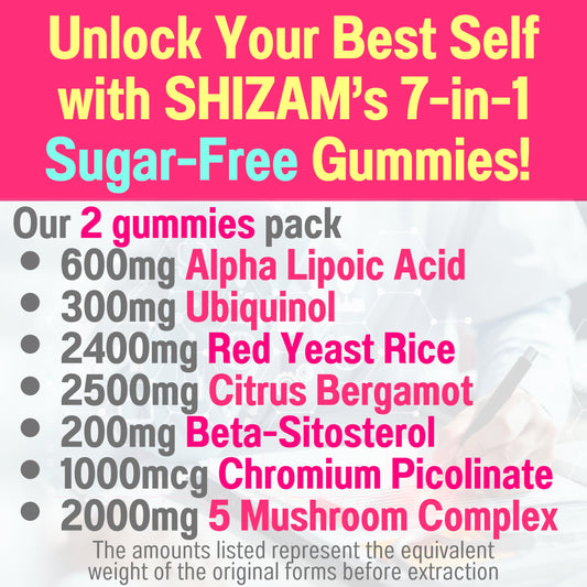 SHIZAM gummies being poured to show easy daily intake and flavor.