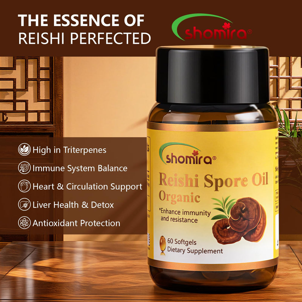 Shomira Reishi Spore Oil capsules ready for daily wellness routine.