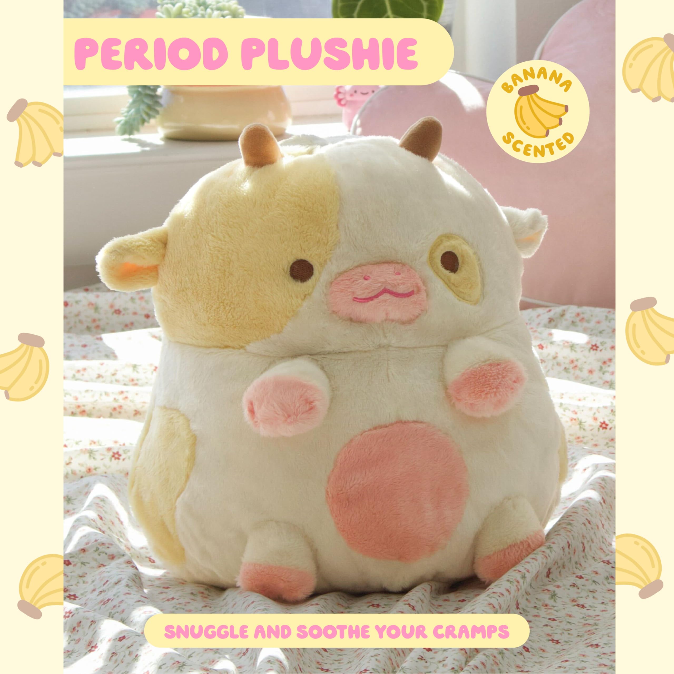 Shopzoki strawberry cow plush resting on a bed for relaxing comfort.
