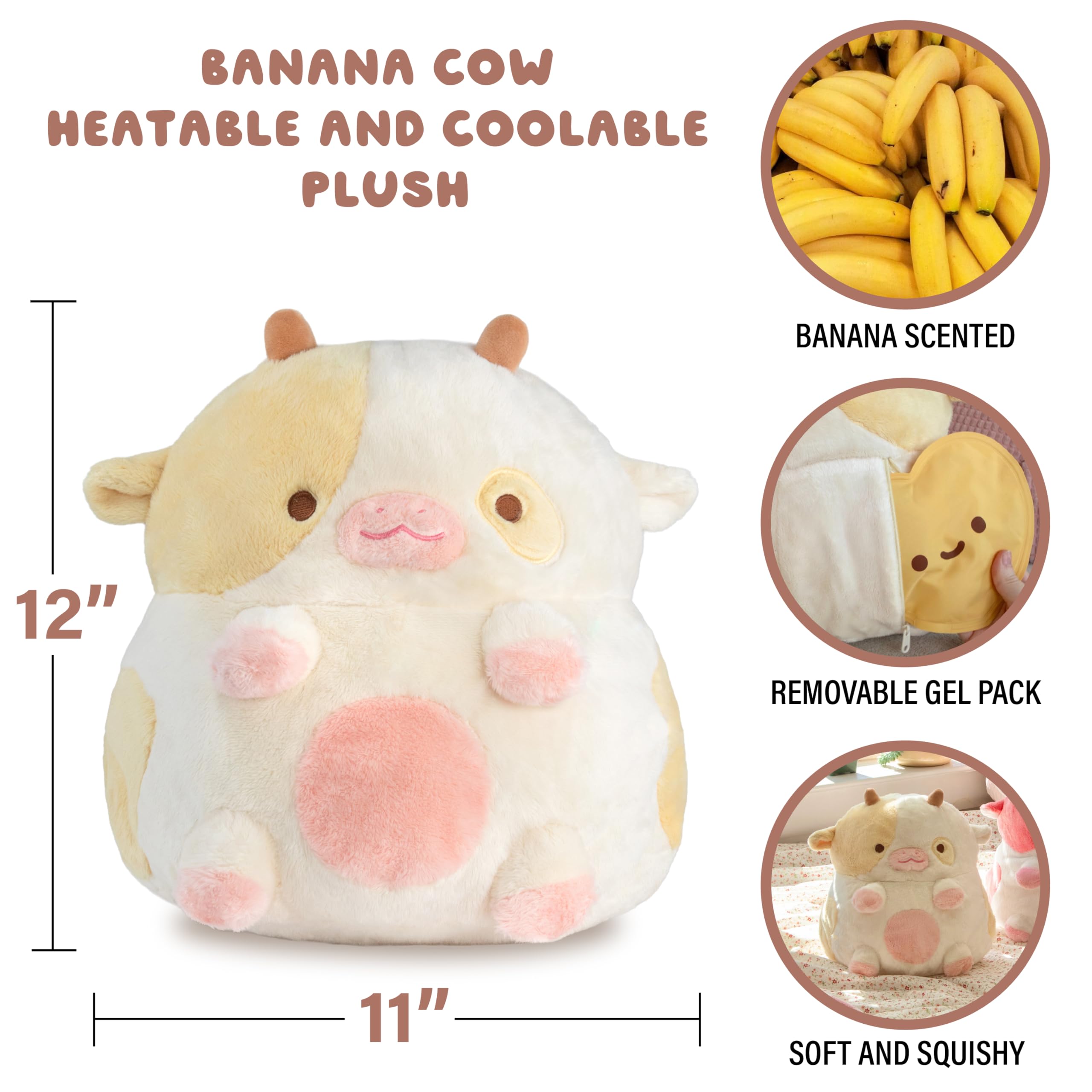 Shopzoki strawberry cow plush displays removable gel pack for mold-free use.