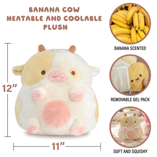 Shopzoki strawberry cow plush displays removable gel pack for mold-free use.