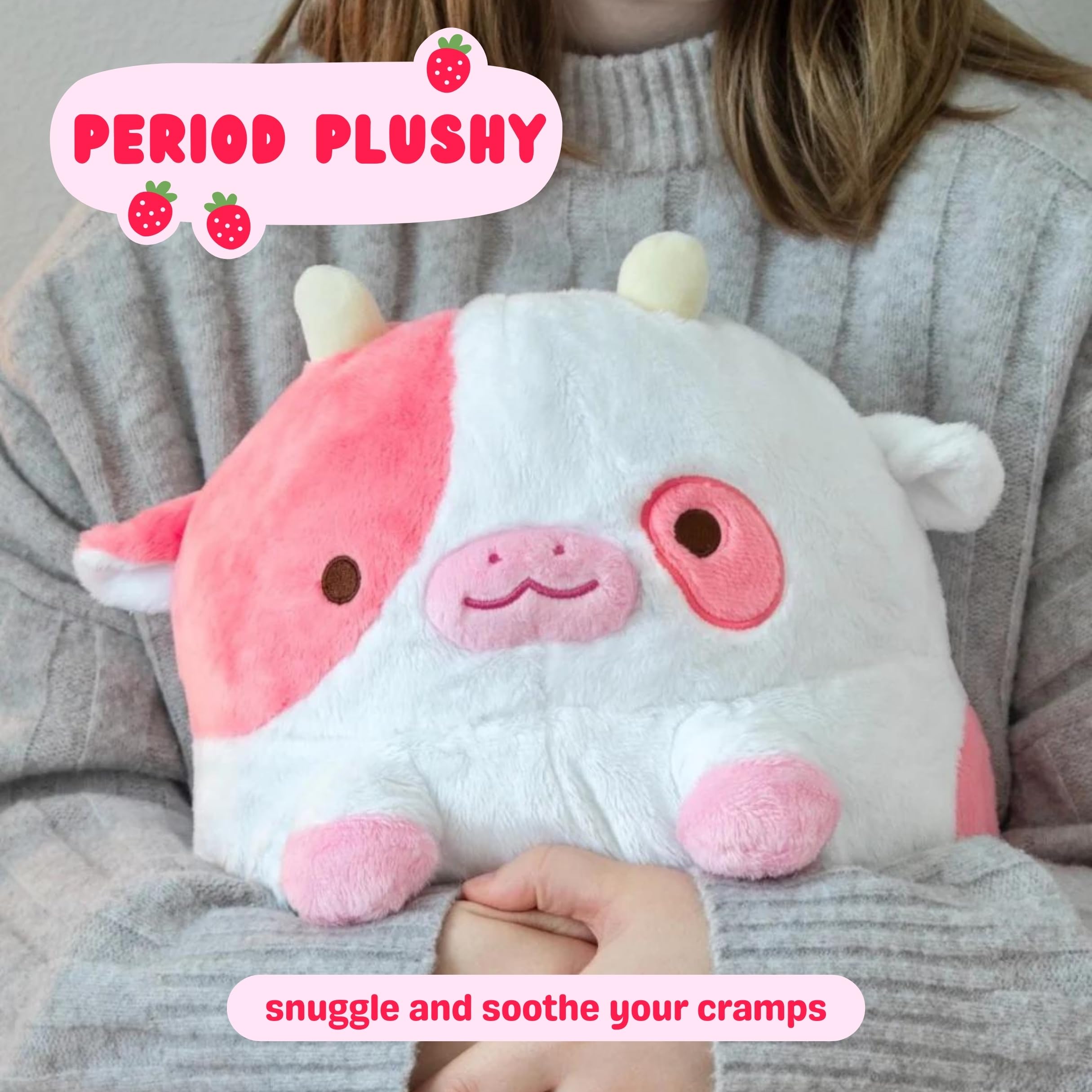 Shopzoki Strawberry Cow Plush features soft fabric for gentle, comforting hugs.