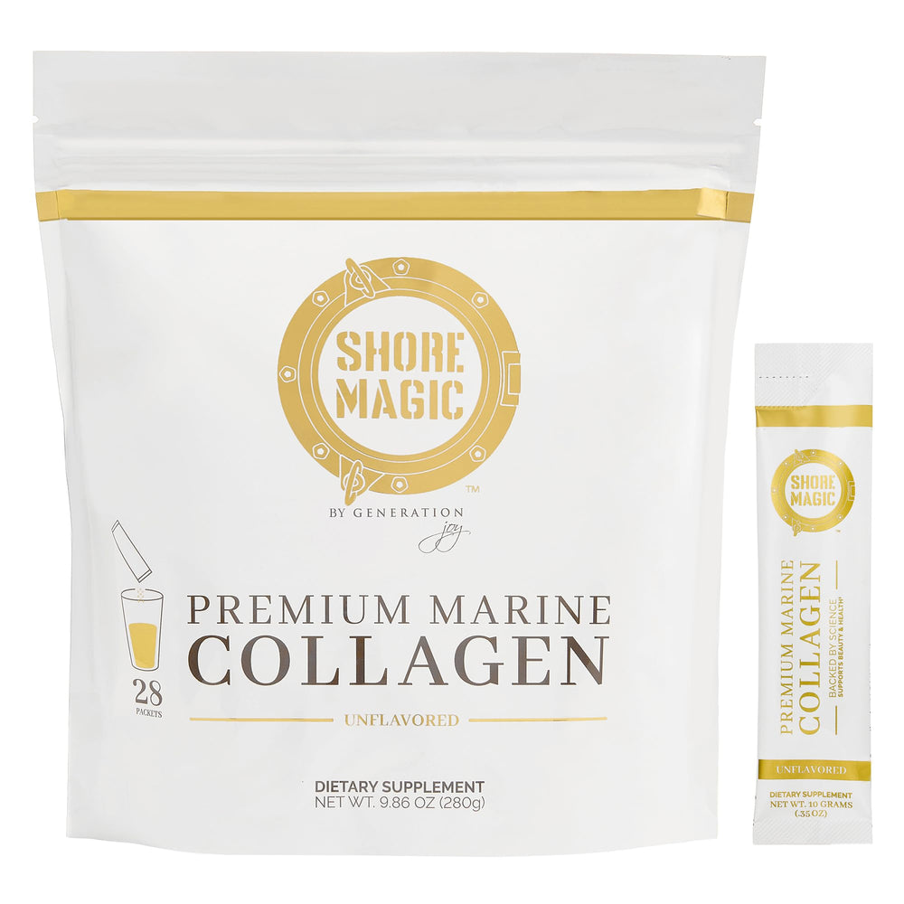 Shore Magic Marine Collagen label highlights wild-caught sourcing and premium quality.
