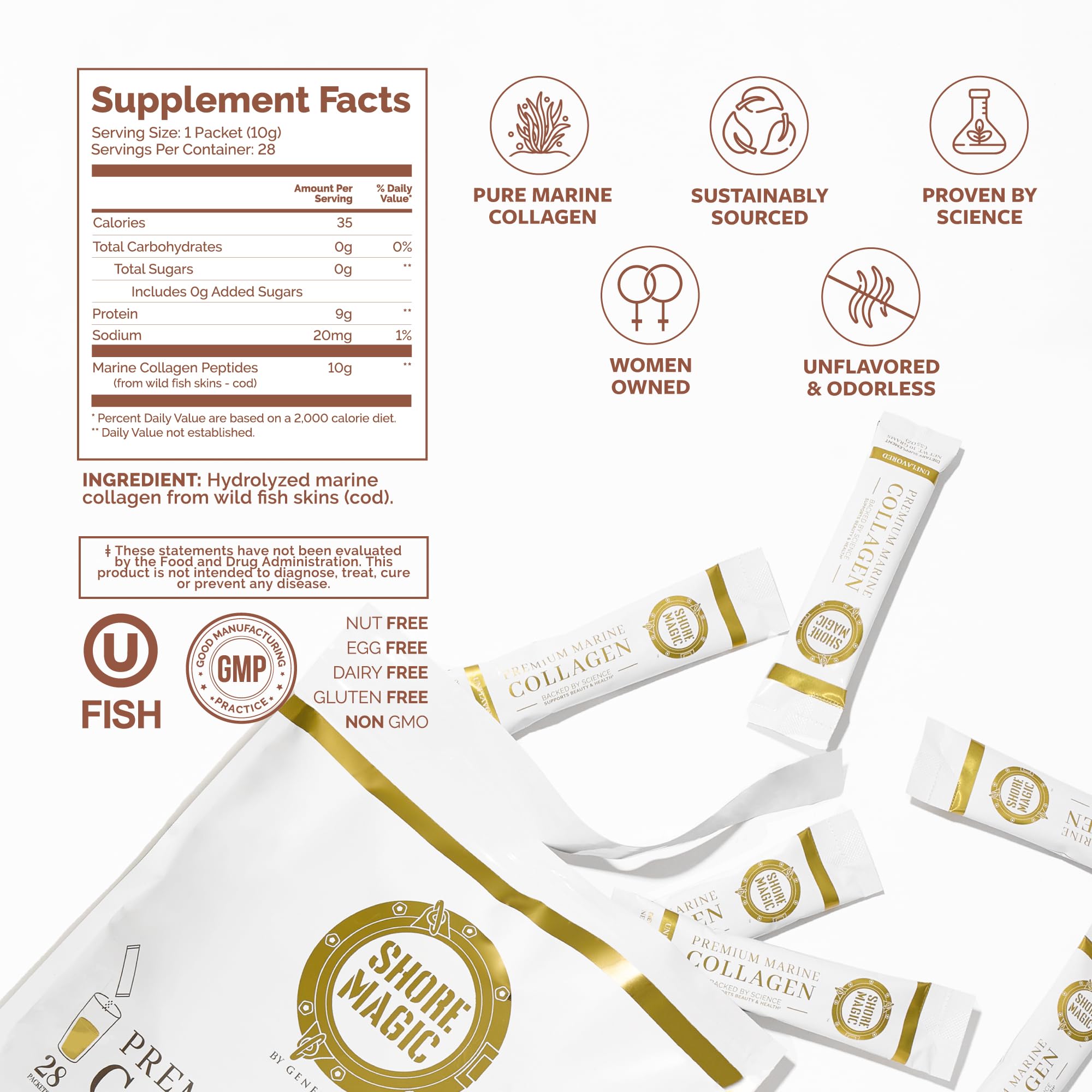 Shore Magic Marine Collagen travel pack box for on-the-go supplementation.