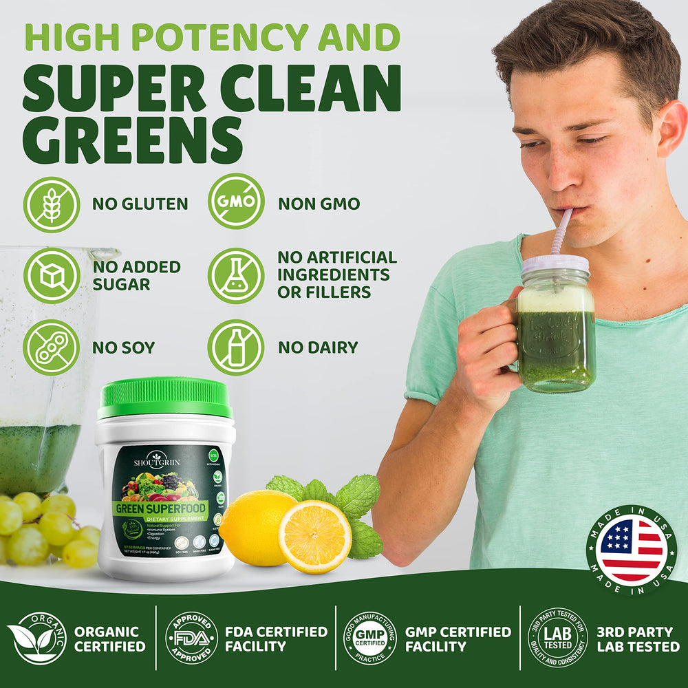 SHOUTGRIIN Organic wheatgrass, barley grass, and moringa close up.