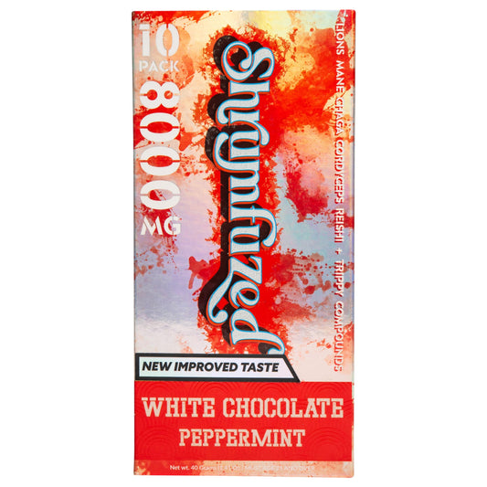 Shrumfuzed 8000mg gummy bottle close-up highlighting mushroom blend for focus