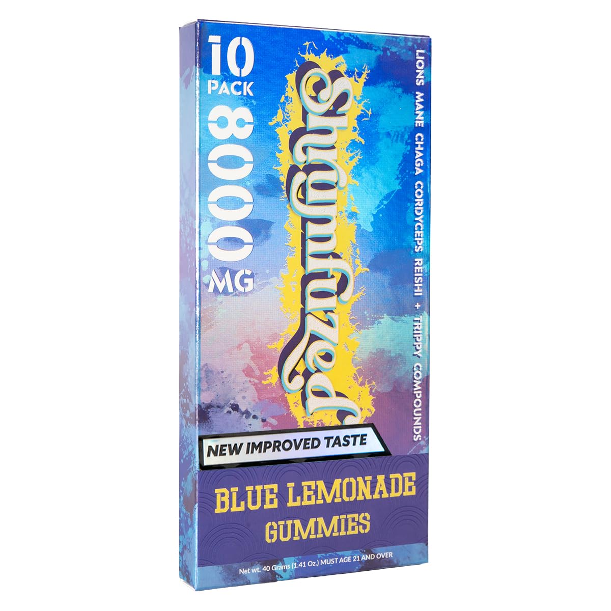 Shrumfuzed blue lemonade gummy close-up reveals smooth texture and chew.