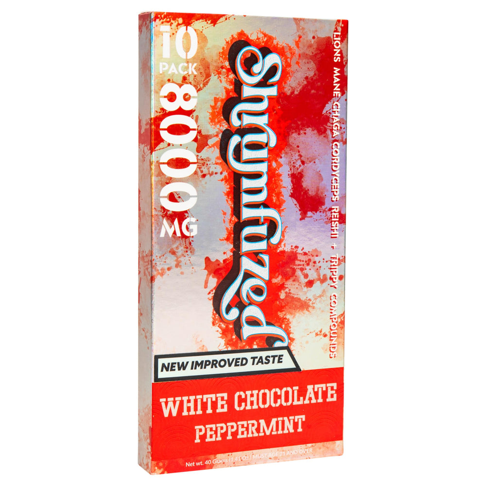 Shrumfuzed gummies close-up showing white chocolate peppermint flavor and energy potential