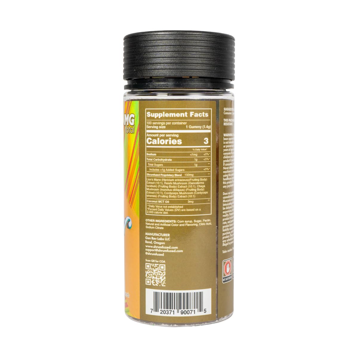 Shrumfuzed Miniz bottle label closeup; tamper-evident packaging supports product integrity.