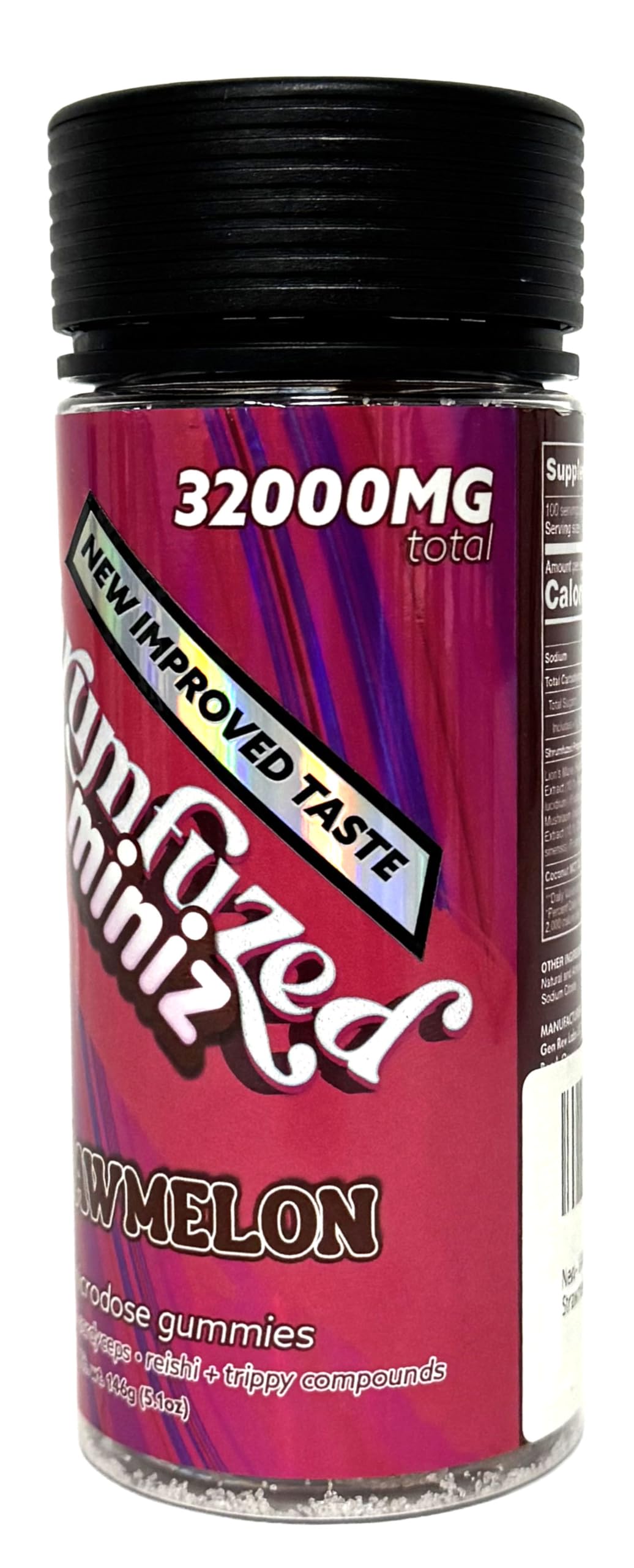 Shrumfuzed Miniz jar with New Improved Taste sticker for better flavor.