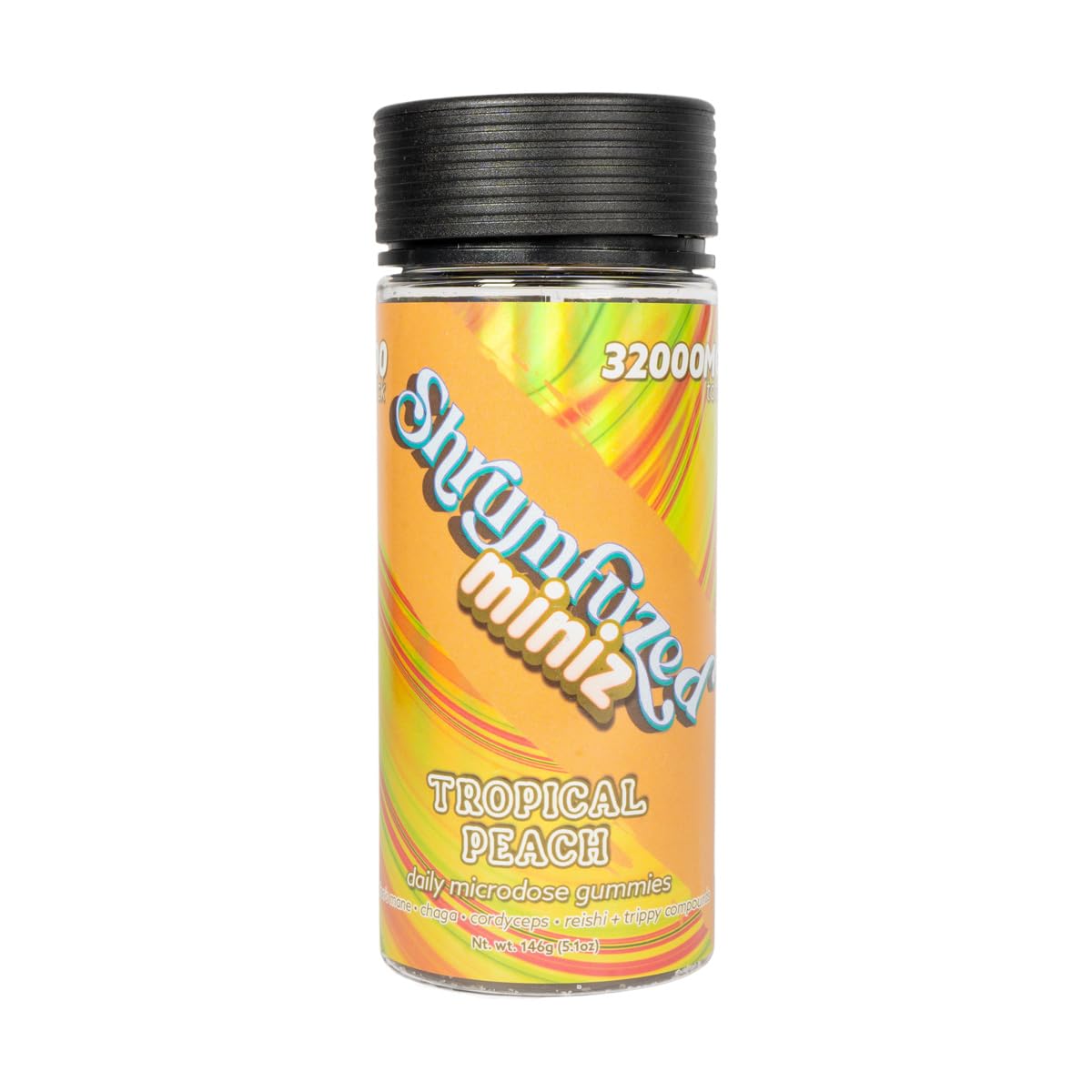 Shrumfuzed Miniz tropical peach gummies bottle; supports daily focus and natural energy.
