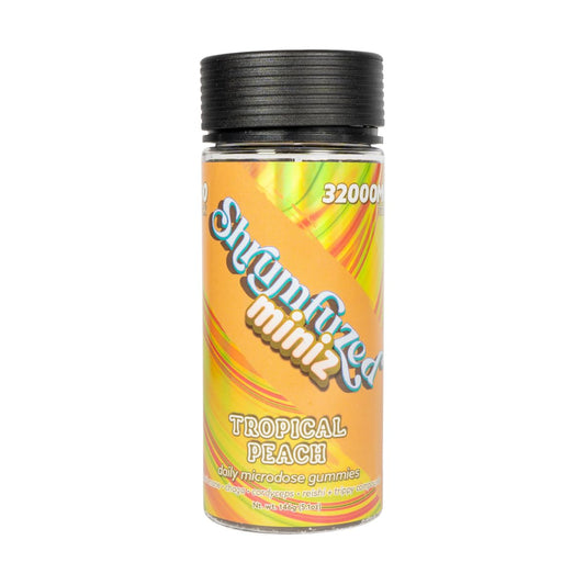 Shrumfuzed Miniz tropical peach gummies bottle; supports daily focus and natural energy.