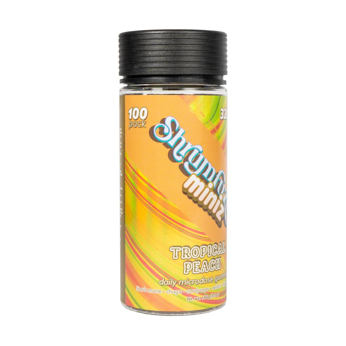 Shrumfuzed Miniz tropical peach gummies pack front; ideal for on-the-go mental clarity.