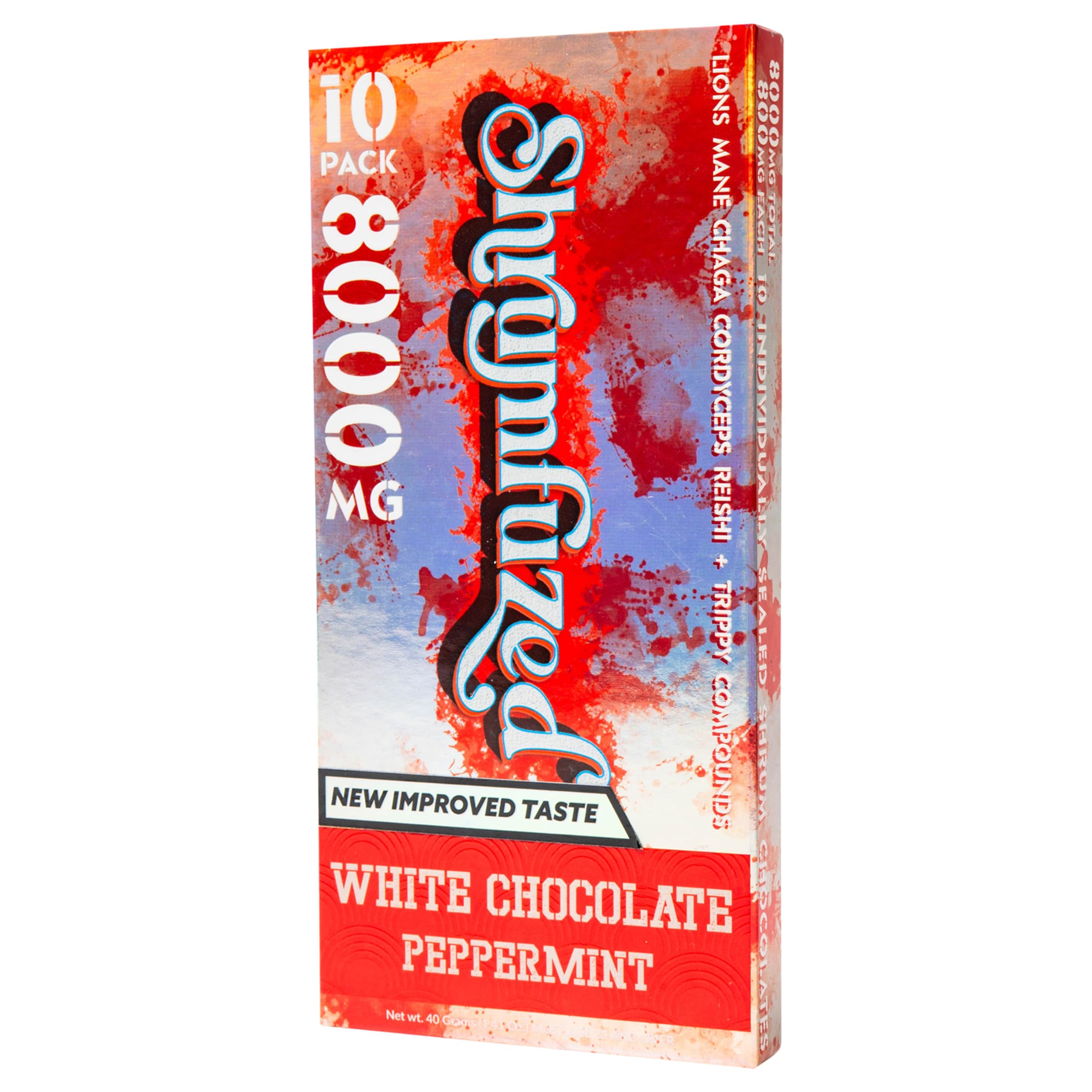 Shrumfuzed New Improved Taste sticker on box signaling flavor upgrade