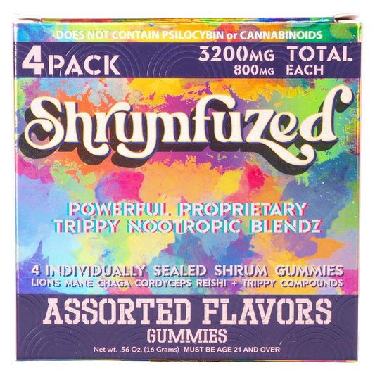 Shrumfuzed gummy bottle side shows easy dosing for busy days