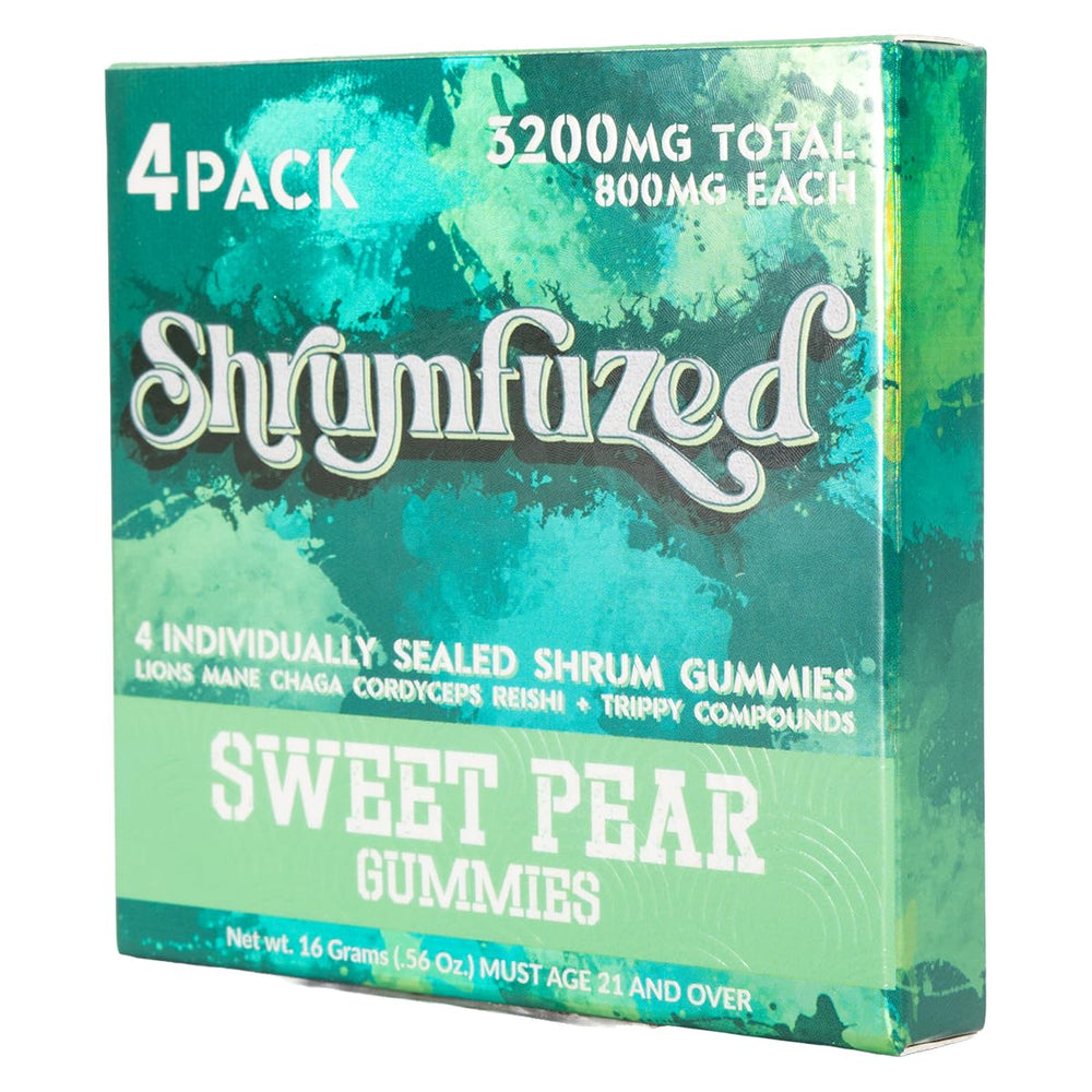 Shrumfuzed label closeup with flavor Sweet Pear and mushroom blend