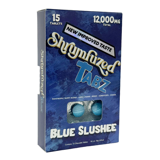 Shrumfuzed blue slushee bottle showing chewable tablets for daily microdosing.
