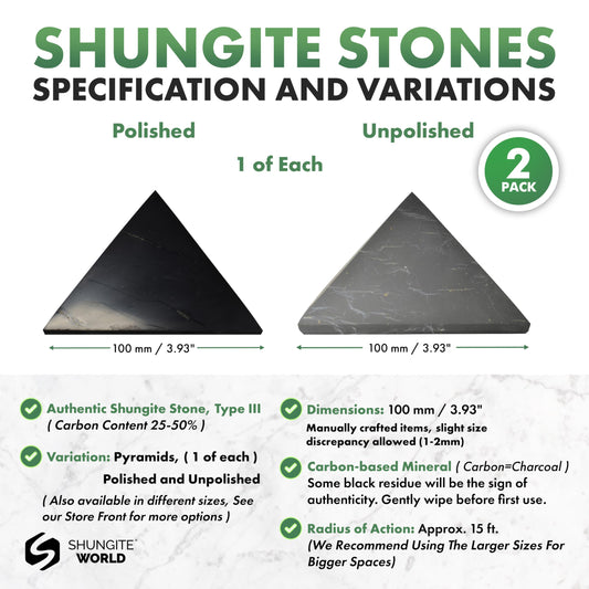 Shungite World 2pcs pyramids unpolished 100mm for grounding and focus.