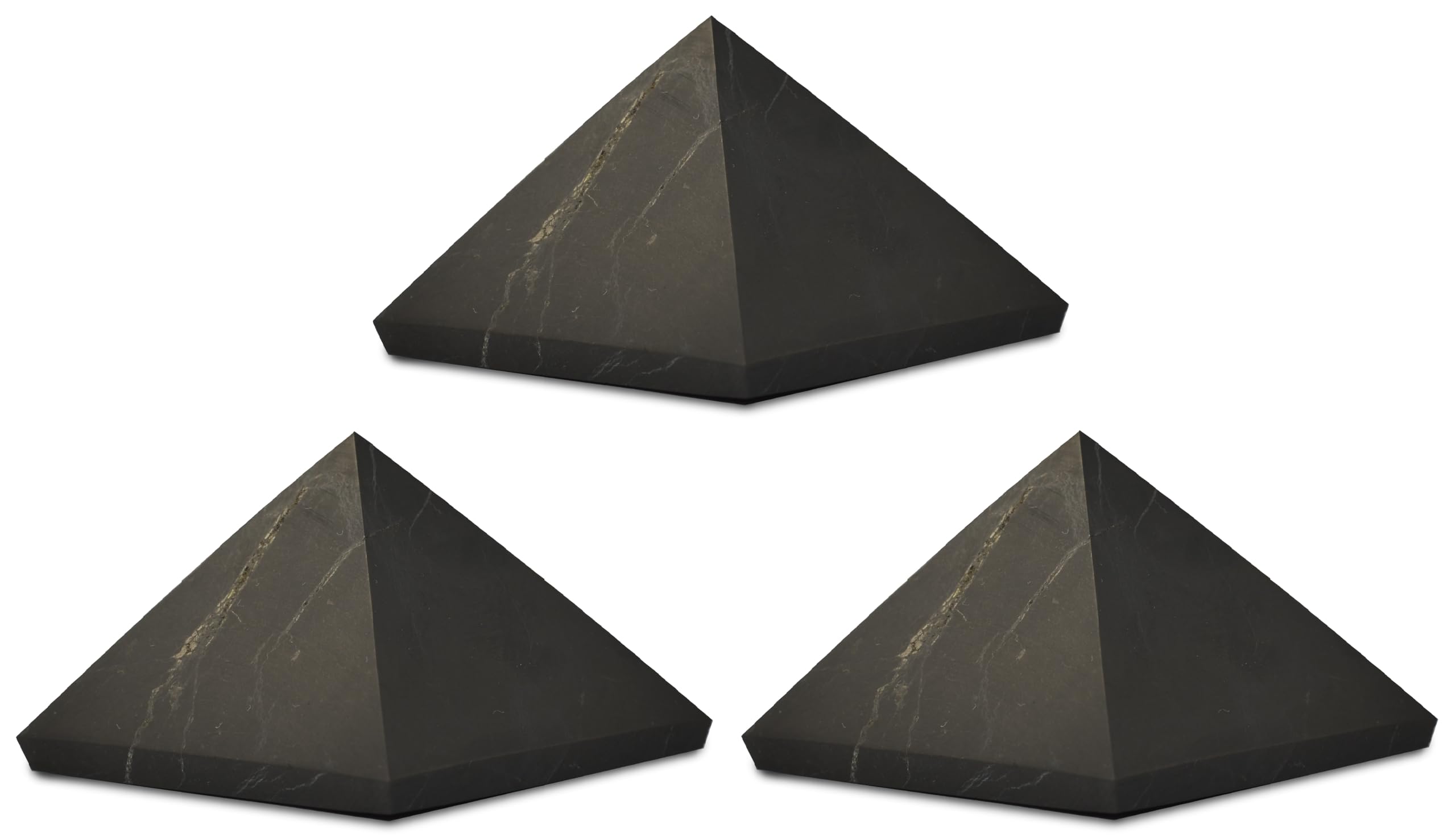 Shungite World 3 pcs pyramid close-up highlighting natural texture and energy balancing potential.