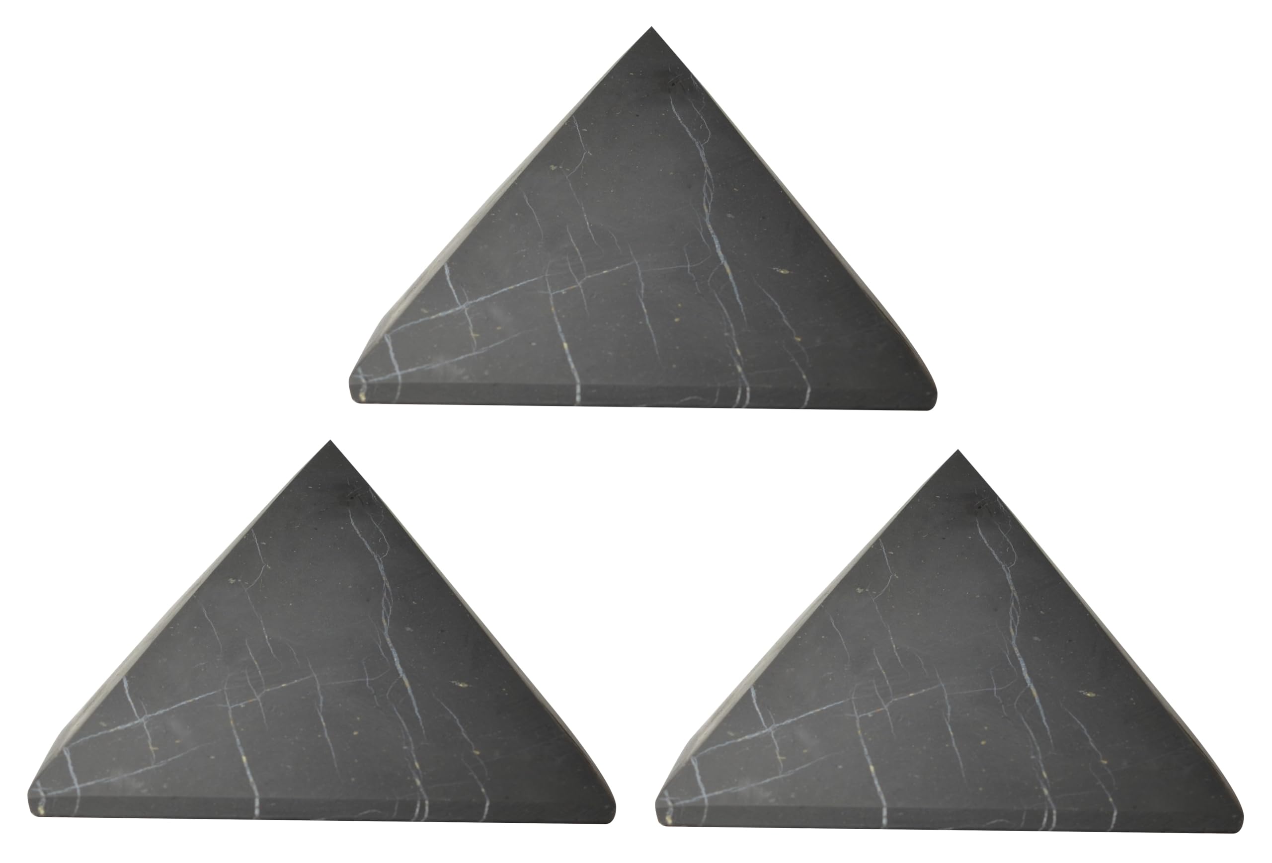 Shungite World 3pcs pyramid 80mm on desk for energy balance and focus