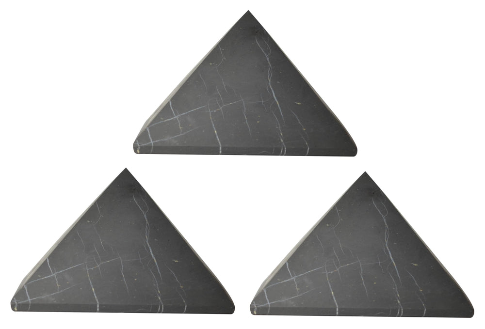 Shungite World 3pcs pyramid 80mm on desk for energy balance and focus