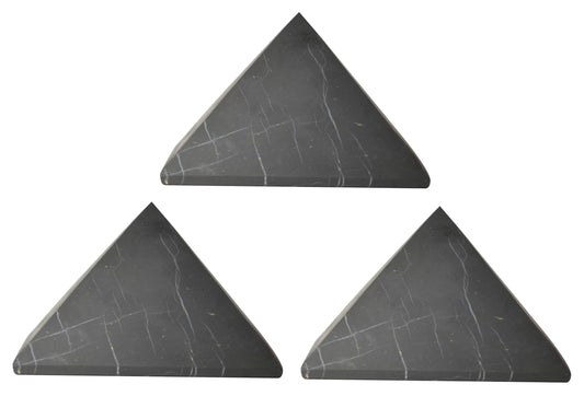 Shungite World 3pcs pyramid 80mm on desk for energy balance and focus