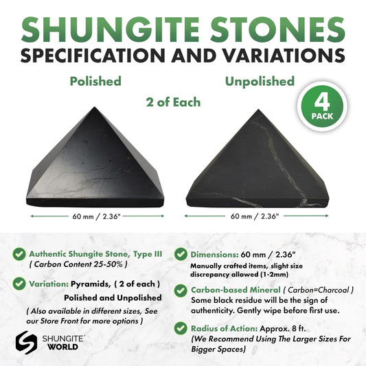 Shungite World 4 pcs unpolished pyramids 60mm natural grounding.