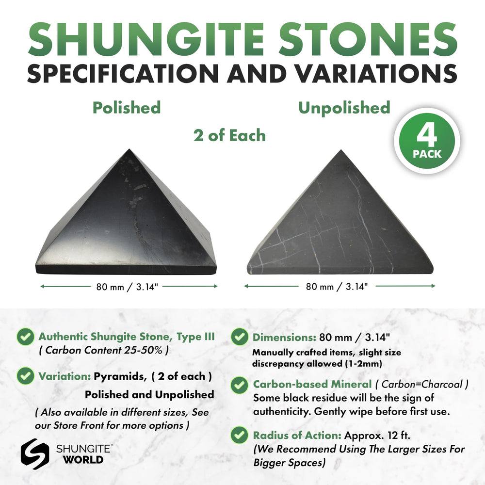 Shungite World 4pcs unpolished pyramids - natural texture for grounding and calm spaces