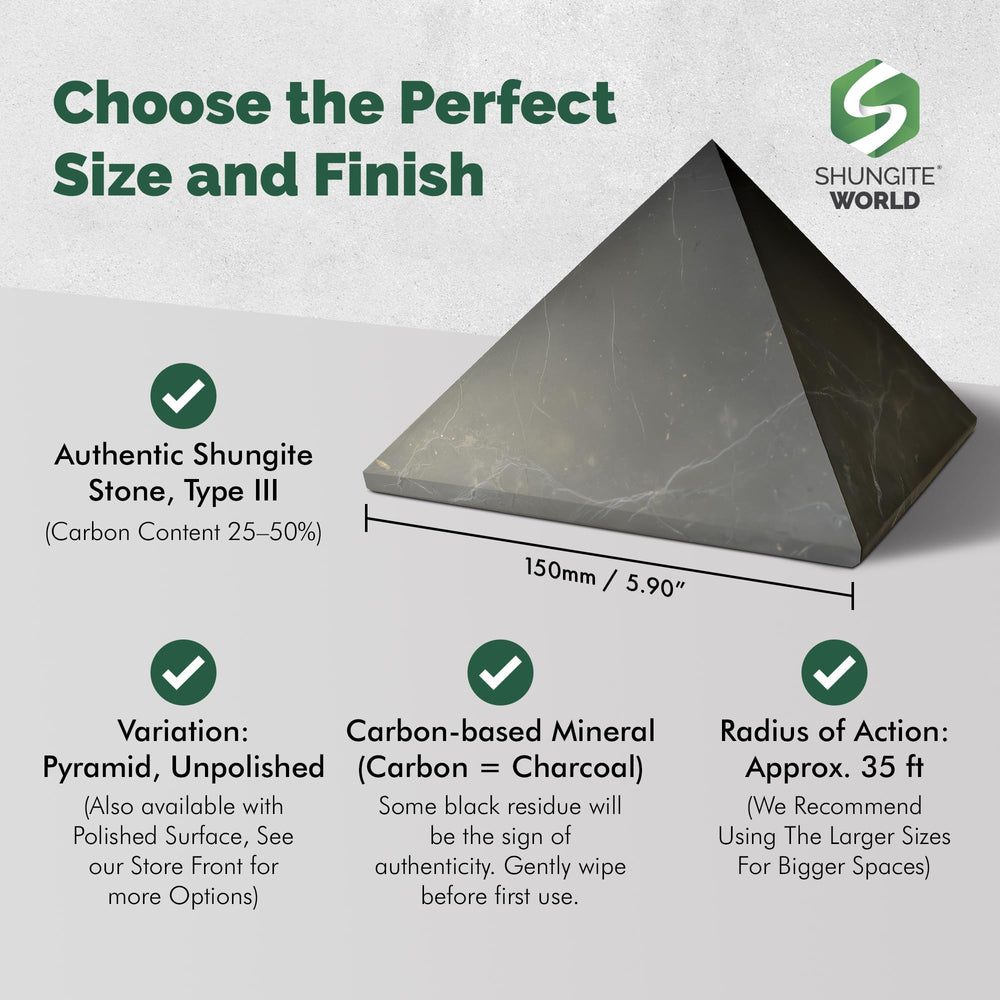Shungite World authentic shungite pyramid closeup carbon content highlights natural composition for informed buying.