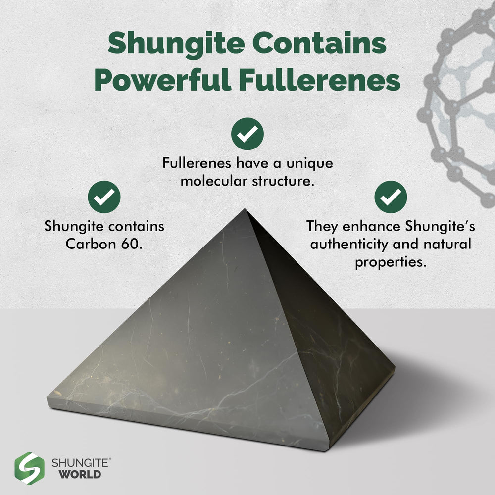 Shungite World authentic shungite pyramid for energy protection and aura cleansing near electronics.