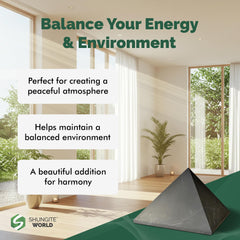 Shungite World authentic shungite pyramid in-room setup showcases modern decor with mindful energy.