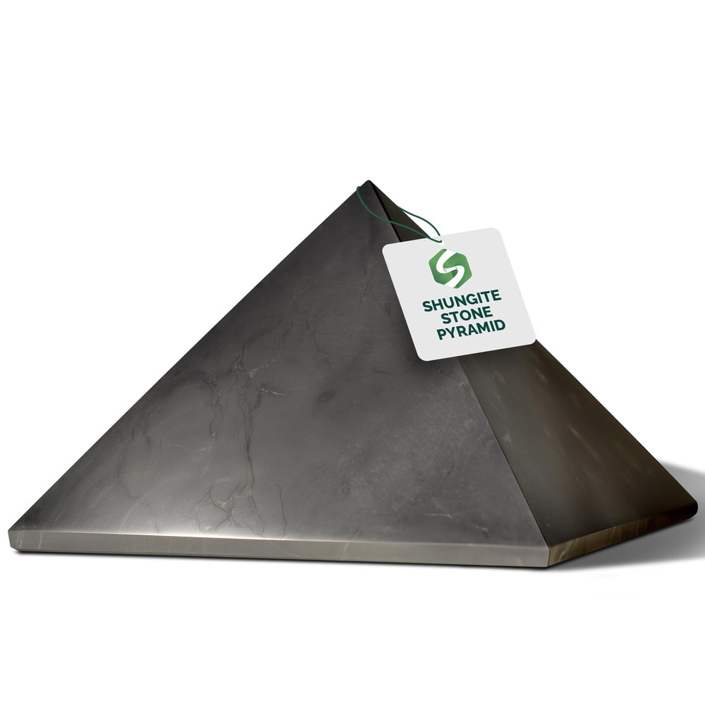 Shungite World authentic pyramid 150mm top view, grounding centerpiece for calm spaces.