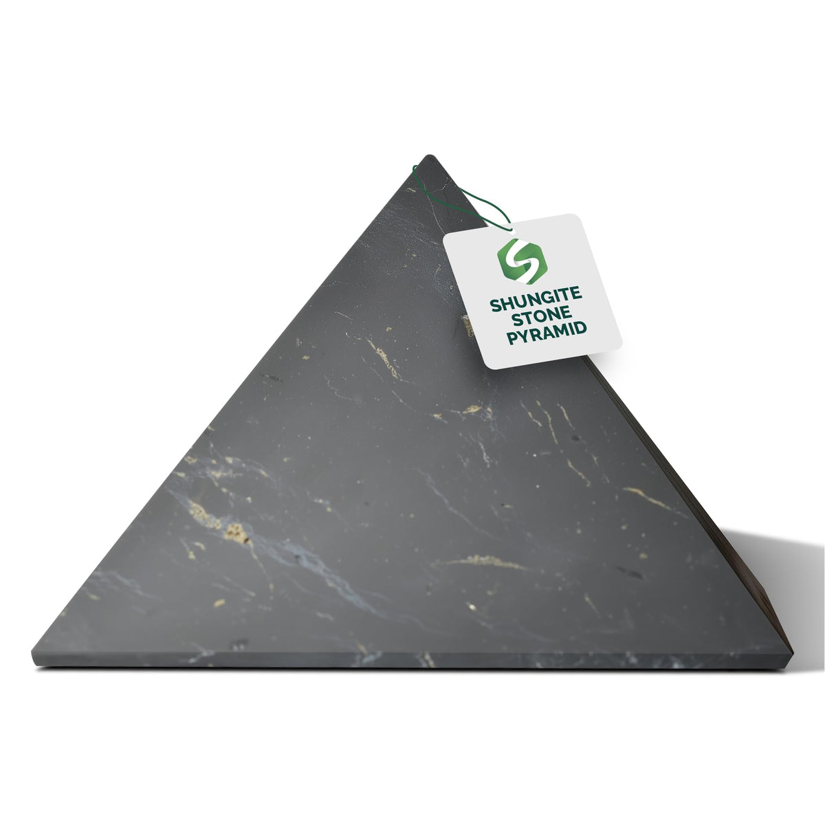 Shungite World authentic pyramid front view, supports energy balance on your desk.
