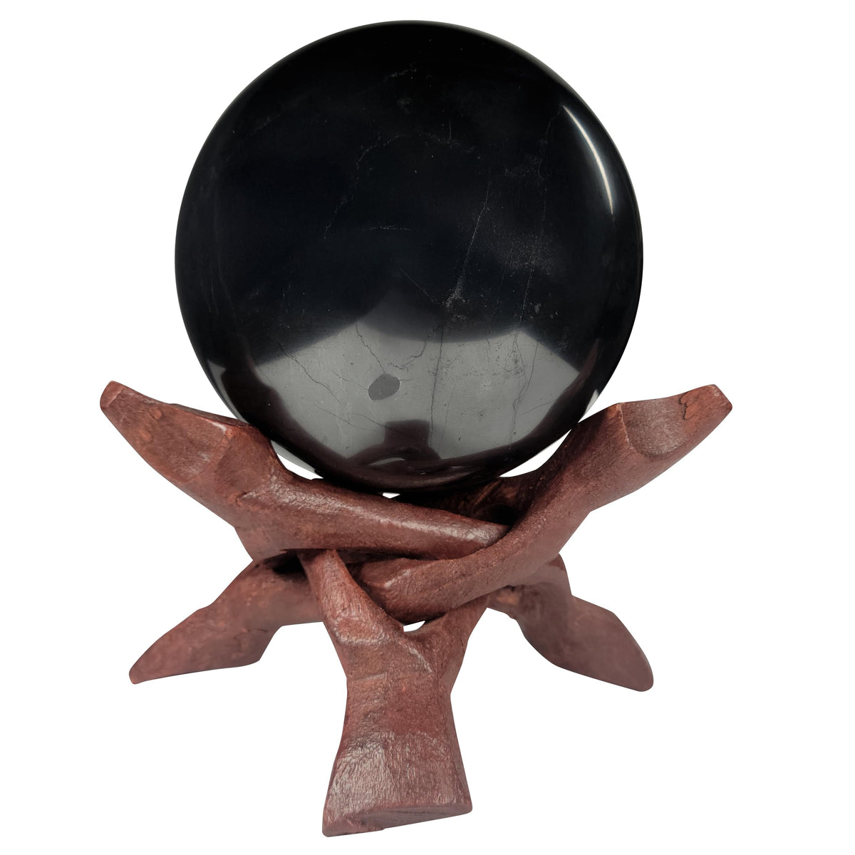 Shungite World authentic sphere 70mm resting on its stand for grounding energy