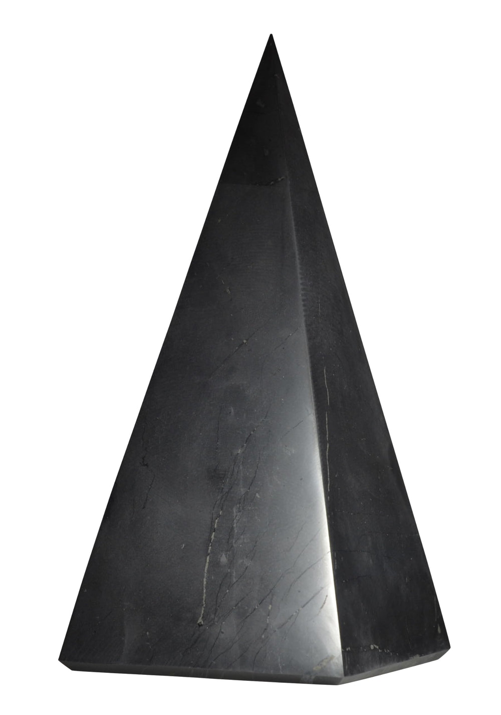 Shungite World tall pyramid front view for energy balance and focus