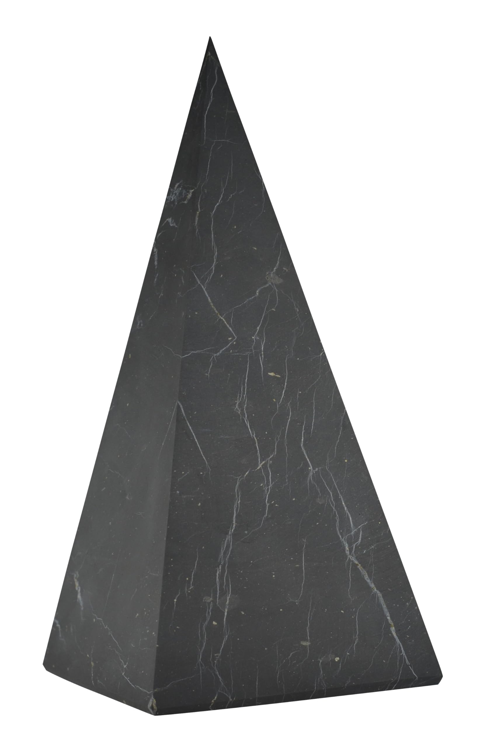 Shungite World authentic tall pyramid front view emphasizes its bold black stone and grounding presence