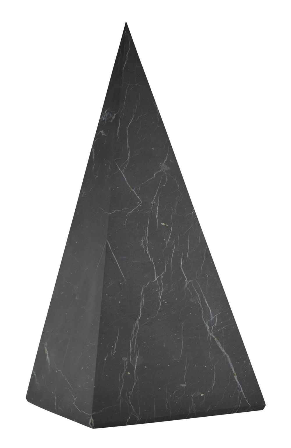 Shungite World authentic tall pyramid front view emphasizes its bold black stone and grounding presence