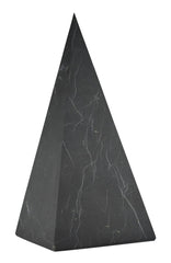 Shungite World authentic tall pyramid front view emphasizes its bold black stone and grounding presence
