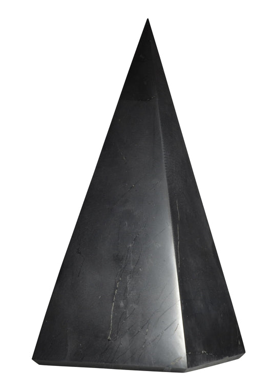 Shungite World tall pyramid front view for energy balance and focus