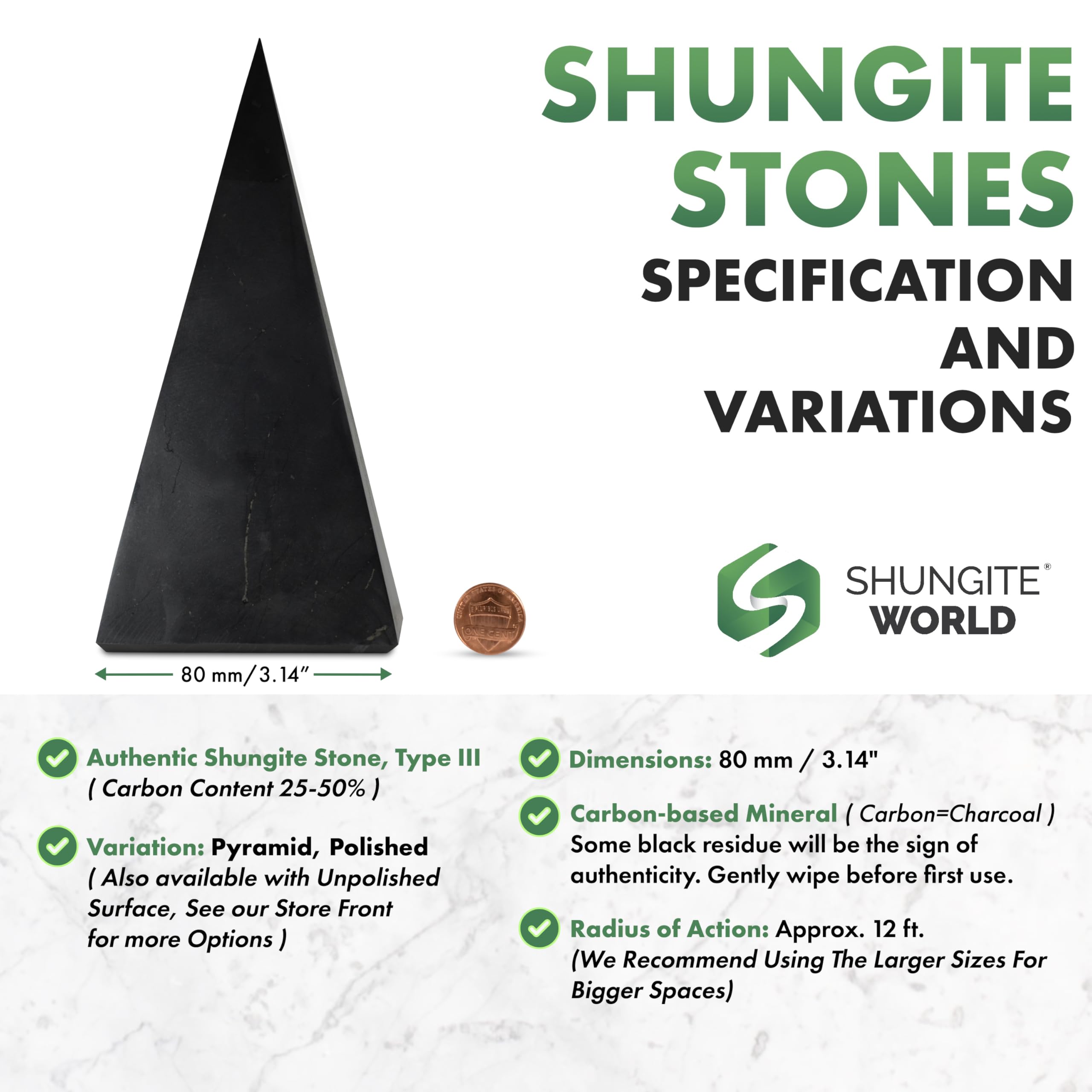 Shungite World tall pyramid side view suggests grounding for desk tasks