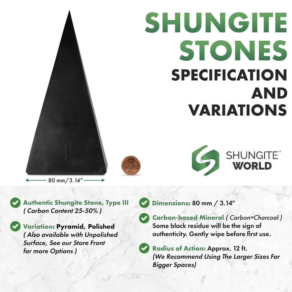 Shungite World tall pyramid side view suggests grounding for desk tasks